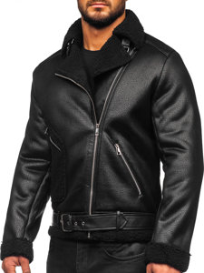 Homme Blouson motard en cuir avec peau de mouton Noir Bolf 11Z8006