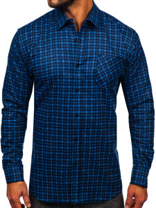 Homme Chemise de flanelle à manches longues à carreaux Bleu foncé-Bleu Bolf F5