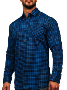 Homme Chemise de flanelle à manches longues à carreaux Bleu foncé-Bleu Bolf F5