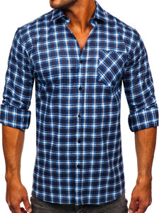 Homme Chemise en flanelle à carreaux à manche longue Bleu Bolf F3