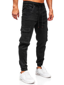 Homme Pantalon de jogging cargo en jean Noir Bolf 8165