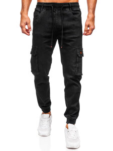 Homme Pantalon de jogging cargo en jean Noir Bolf 8165