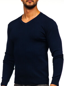 Homme Pull uni col V Bleu foncé Bolf H2405