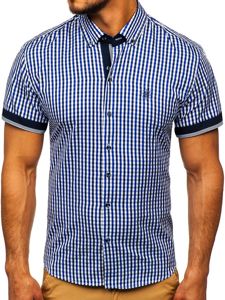 La chemise à carreaux avec les manches courtes pour homme bleue moyenne Bolf 4510