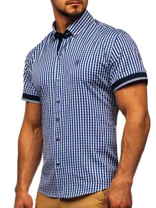 La chemise à carreaux avec les manches courtes pour homme bleue moyenne Bolf 4510