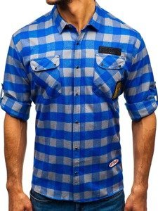 La chemise de flanelle avec la manche longue pour homme bleue-grise Bolf 2503