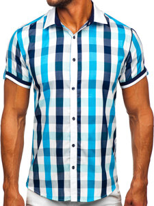 La chemise élégante à carreaux avec les manches courtes pour homme turquoise Bolf 8901