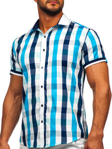 La chemise élégante à carreaux avec les manches courtes pour homme turquoise Bolf 8901