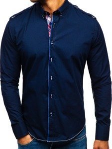 La chemise élégante avec les manches longues pour homme bleue foncée Bolf 1758