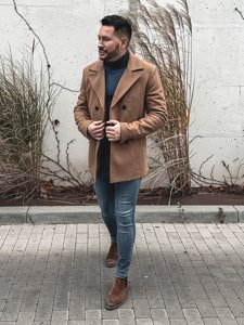 Manteau à double boutonnage d'hiver pour homme camel à col montant Bolf 8801