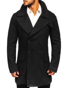 Manteau à double rangée d'hiver pour homme noir avec un col haut Bolf 1048