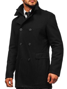 Manteau d'hiver à double boutonnage pour homme noir vec col montant supplémentaire amovible Bolf 8805