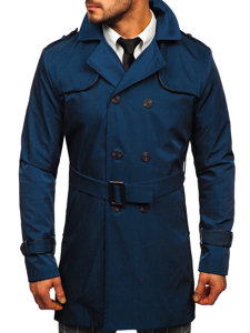 Manteau trench à double boutonnage avec col montant et ceinture pour homme bleu clair Bolf 0001