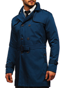 Manteau trench à double boutonnage avec col montant et ceinture pour homme bleu clair Bolf 0001