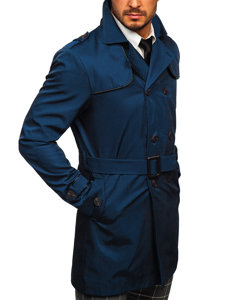 Manteau trench à double boutonnage avec col montant et ceinture pour homme bleu clair Bolf 0001