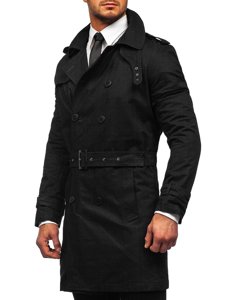 Manteau trench-coat à double boutonnage pour homme noir avec un col haut et une ceinture Bolf 5569