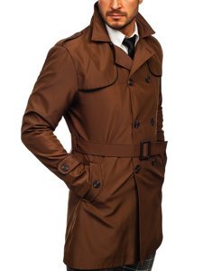 Manteau trench-coat à double rangée avec col haut et ceinture pour homme marron Bolf 0001