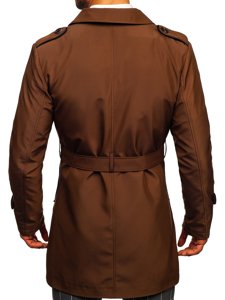 Manteau trench-coat à double rangée avec col haut et ceinture pour homme marron Bolf 0001