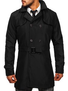 Manteau trench-coat à double rangée avec col haut et ceinture pour homme noir Bolf 0001