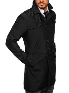 Manteau trench-coat à double rangée avec col haut et ceinture pour homme noir Bolf 0001