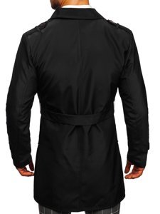 Manteau trench-coat à double rangée avec col haut et ceinture pour homme noir Bolf 0001