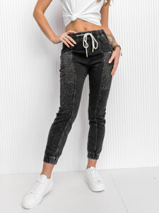 Pantalon en jean à séquins mom fit pour femme noir Bolf BF108