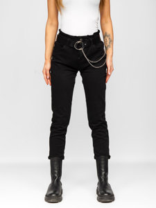 Pantalon en jean taille haute avec ceinture pour femme noir Bolf LA689