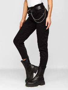 Pantalon en jean taille haute avec ceinture pour femme noir Bolf LA689