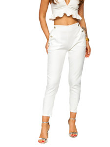 Pantalon en tissu avec boutons décoratifs pour femme blanc Bolf 8155