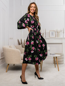 Robe longue à fleurs pour femme noire-rose Bolf XY202116